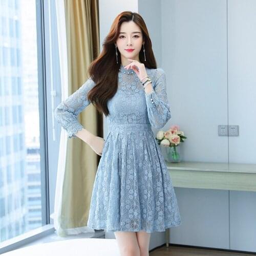 New Spring Autumn Women Fashion Beading Stand Collar Long Sleeve Slim Mini Dress Sweet Flowers Lace Dress