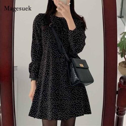 Autumn New Womens Dress Black Polka Dot Korean A-line Vestidos Long Sleeve O-neck Sweet Dresses for Women Jupe Femme 10840