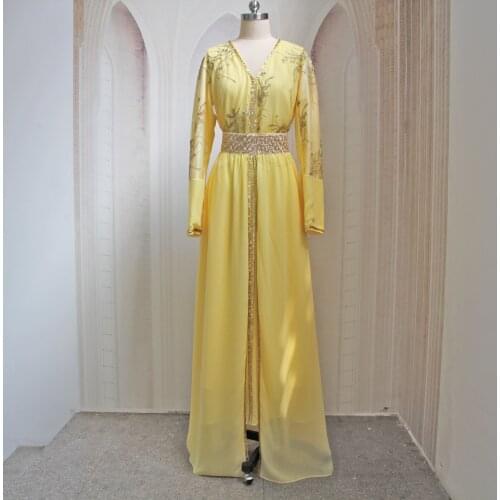 Islamic Plus Size Middle East New Style Embroidered Chiffon Yellow V-neck Two-piece Muslim Traditional Dress Dress Women Robe