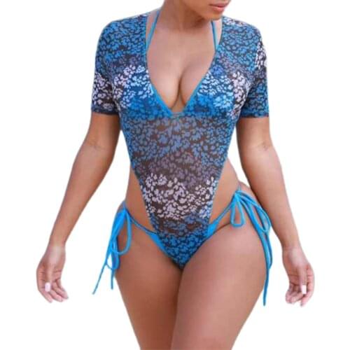 Womens 3Pcs Bikini Suit Solid Color Deep V-neck Halter Tops with Side Tie Thong Bottoms and Triangle Smock