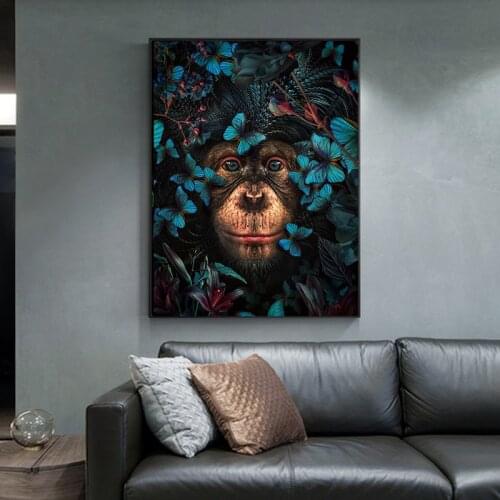 Flower Monkey Animal Abstract Canvas Art Nordic Painting Posters and Prints Scandinavian Wall Picture for Living Room Decor