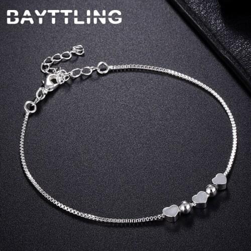 BAYTTLING 925 Sterling Silver 8 Inch Box Chain Round Bead Heart Pendant Bracelet For Woman Luxury Engagement Jewelry Gift