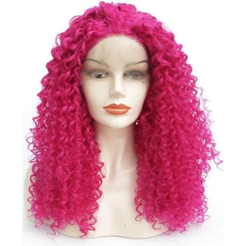 Cheap Halloween Women Cosplay Party Style Kinky Curly Lace Front Synthetic Wigs Rose Pink Color Glueless Lace Wig Pre Plucked