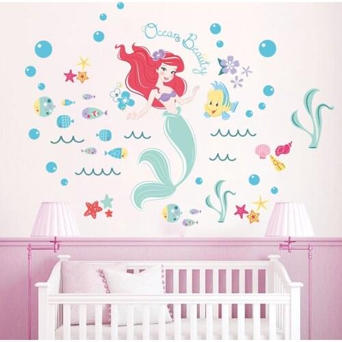 Disney Mermaid Fairy Wall Stickers For Nursery Kids Room Bathroom Decor Cartoon Seabed Bubble Fish Decals PVC Mural Poster