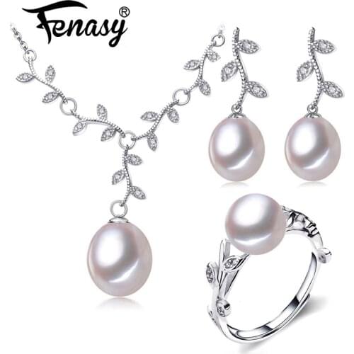 FENASY 925 Sterling Silver Jewelry Sets for Women Natural Freshwater Pearl Necklaces For Women Flower Pendant Drop Earring Ring