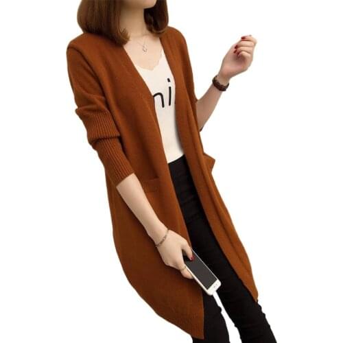 Solid color mid-length knitted cardigan womens new spring and autumn shawl with loose sweater coat jacket