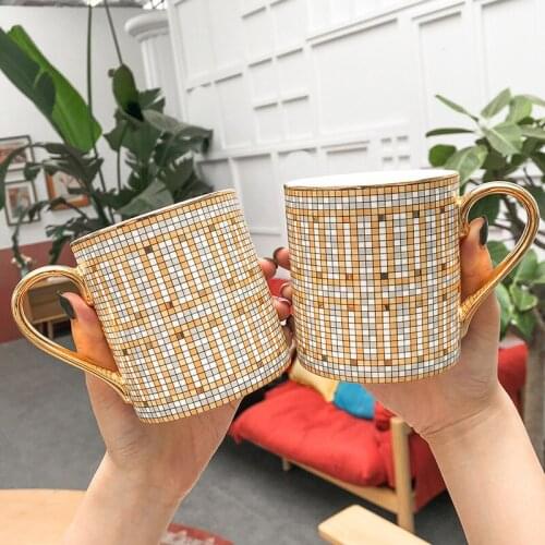 New Mosaic Mosaic Gold Ceramic Mug High-end British Style Light Luxury Personality Water Cup Breakfast Milk Coffee Couple Cup