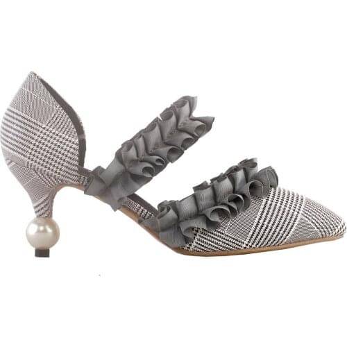 LF60427 Glam Checkered Ruched Pointed Toe Exquisite Pearl Heel Dress Pump