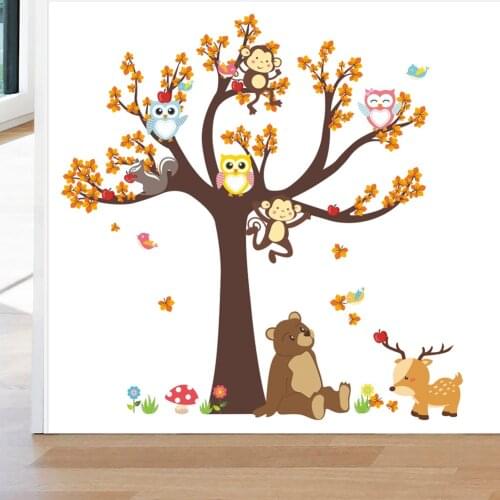 Cartoon Forest Tree Branch Leaf Animals Owl Monkey Bear Deer Wall Stickers For Kids Rooms Poster Children Bedroom Home Decor