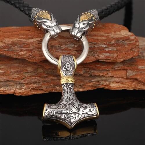 Mens Vintage Stainless Steel Norse Viking Wolf&Thor Hammer Mjolni Pendant Necklace Black Cord Rope Chain Necklace Gift Jewelry