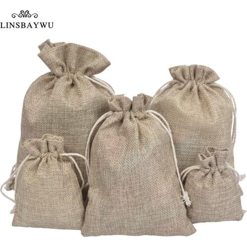 Natural Linen Burlap Bag Jute Gift Bag Drawstring Packaging Bags With Handles Party Favor Candy Bags Wedding/Christmas Bag Diy