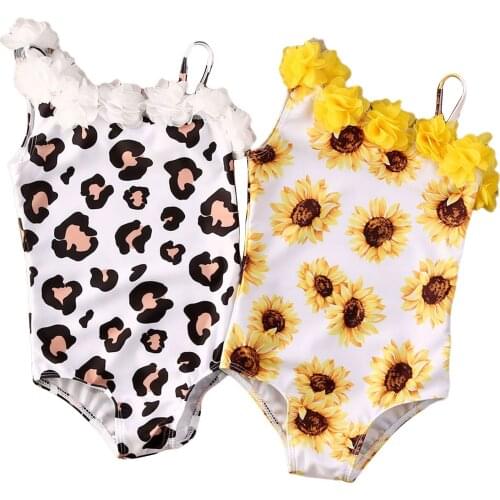 New Baby Girl Swimsuit Romper Sunflower Leopard Print No-Sleeve Flower Collar Sling Beach Clothes Summer