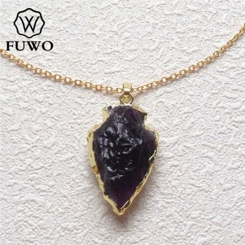 FUWO Hand-Knapped Amethysts Arrowhead Necklace With 24K Gold Filled Genuine Raw Purple Quartz Stone Bohemian Necklace NC054