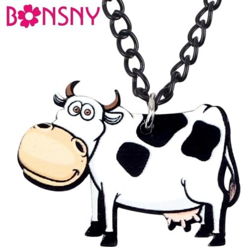 Bonsny Acrylic Cartoon Milk Dairy Cow Cattle Necklace Pendant Chain Collar Cute Farm Animal Jewelry For Women Girls Teens Gift