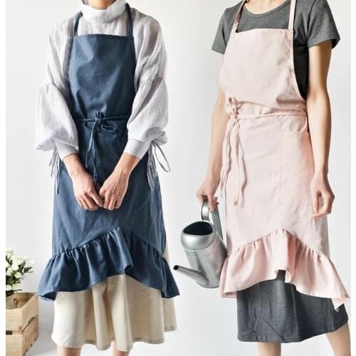 Japanese-style butterfly-tail art apron ramie cotton fishtail ruffled simple flower shop coffee shop overalls