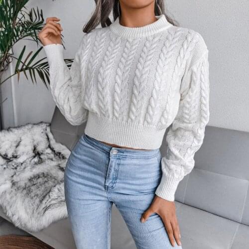 Qkezz Women Sweaters Loose Pullover Short Knitted Twist Sweater Solid Jumper Soft Korean Fashion Warm Fall Winter Crop Tops