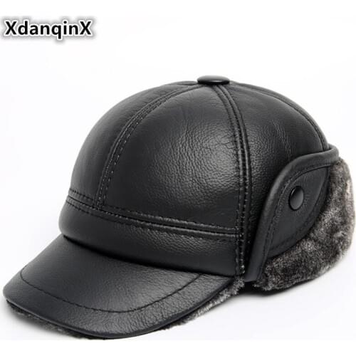 XdanqinX New Winter Mens Bomber Hats Genuine Leather Hat Warm Thick Plus Velvet Cowhide Earmuff Caps For Men Bone Brand Dad Cap