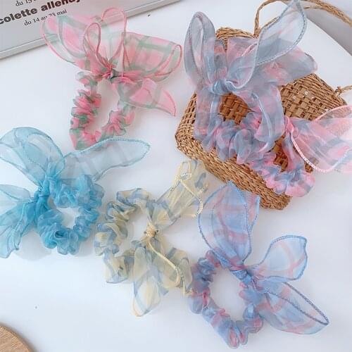 Blue Pink Grey Green Organza Gauze Cute Cloth Plaid Elastic Hair Bands Ponytail Holders Headwear for Women & Kids
