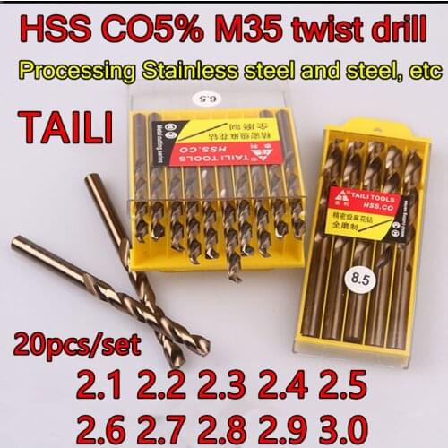 2.1 2.2 2.3 2.4 2.5 2.6 2.7 2.8 2.9 3.0mm 20pcs/set HSS Co5% M35 twist drill Processing Stainless steel and steel