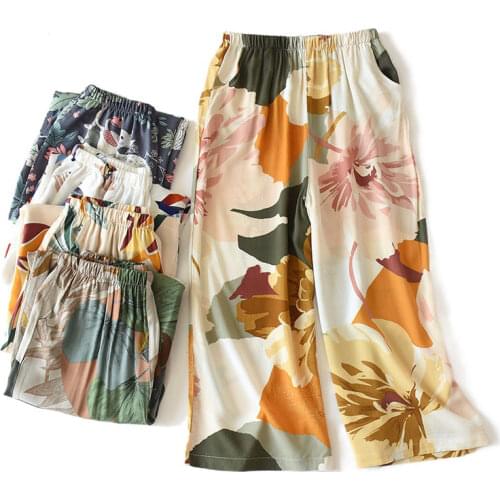 Printed Loose Cropped Trousers Womens Summer Thin Womens Wide-leg Pants Side Pockets Cool Cotton Home Pants Pyama Dames