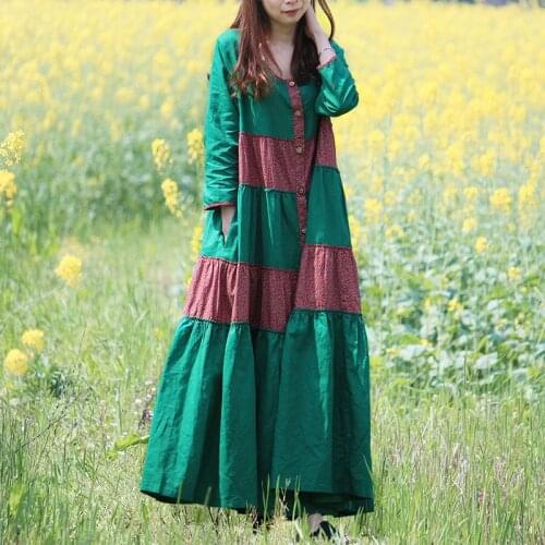 LZJN 2020 Summer Autumn Long Bohemian Dress Cotton Linen Women Floral Shirt Dress Maxi Rockabilly Patchwork Red Boho Robe Femme