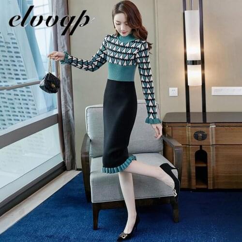 Knit Love Print Sweater Dress Autumn Winter For Women Lady Vintage Slim Dress Female Half Turtleneck Patchwork Bodycon Dress