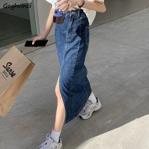 Skirts Women Solid Denim High Waist Chic Fashion Korean Style Side-slit Srteetwear Elegant All-match Simple Vintage A-line Loose