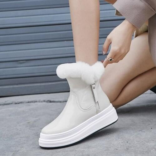 Women Boots Real cowhide Patent Leather Water Proof Winter Shoes Women Snow Boots Platform Keep Warm Ankle Boots With Thick Fur
