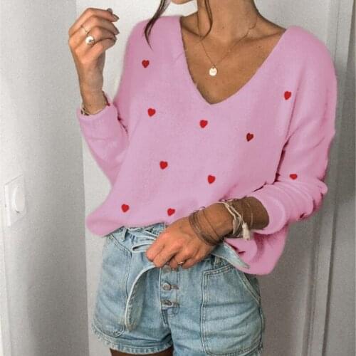 Women Korean Style Kawaii Winter Casual Pullovers 2021 V-Neck Embroidery Heart Sweater Knitwear Jumper Female Sweaters Tops New