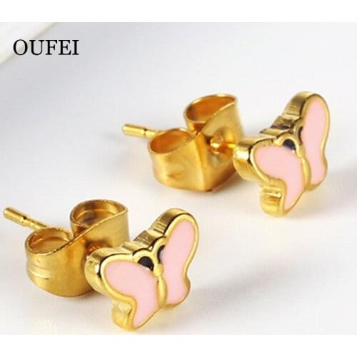 OUFEI Stainless Steel Jewelry Butterfly Earrings Pink Rhinestone blue Stud For Women Earrings Accessories Mass Effect Wholesale