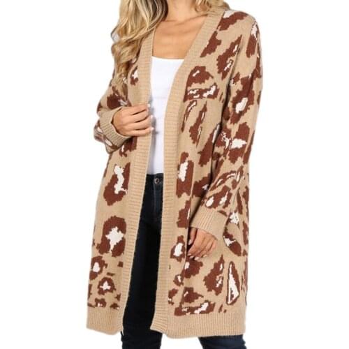 2021 Autumn And Winter Women Fashionable New Knit Sweater All-Match Long Camouflage Leopard Print Cardigan Sweaters Wholesale