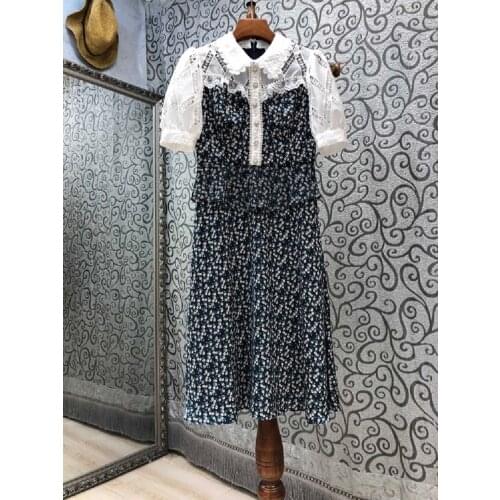 Top Quality Designer Dress Summer 2021 Fashion Women Turn-down Collar Hollow Out Embroidery Sweet Little Floral Print Dress