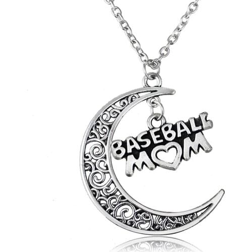 Baseball Mom Heart Pattern Hollow Moon Long Chain Necklace Family Vintage Women Jewelry Gift For Mama Mommy Mothers Day Choker