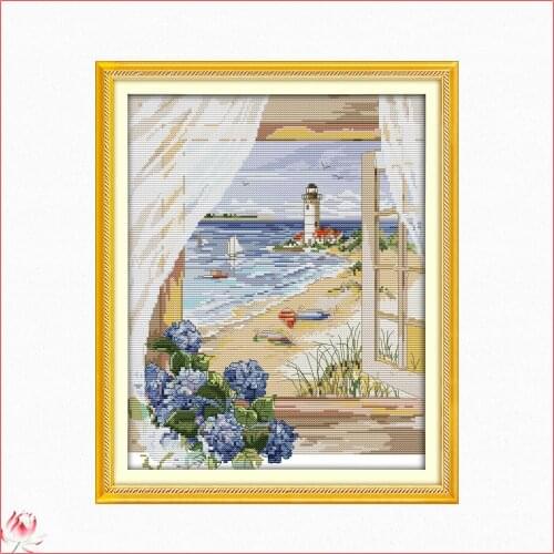 Joy Sunday Seaside Landscape 14CT 11CT Counted and Stamped Beautiful Flowers Home Decor Needlework Needlepoint Cross Stitch Kits
