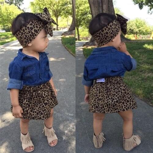 3PCS Set Cute Baby Girls Clothes 2017 New Fall Toddler Kids Denim Tops+Leopard Culotte Skirt Outfits Children Girls Clothing Set