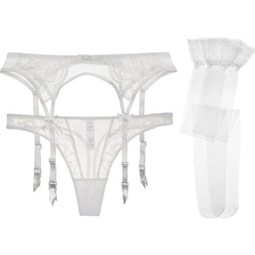 Varsmiss Womens Sexy Red And Black Lace Bow Underwear 3 Pcs/Lots Garters+Thongs+Stockings For Lady