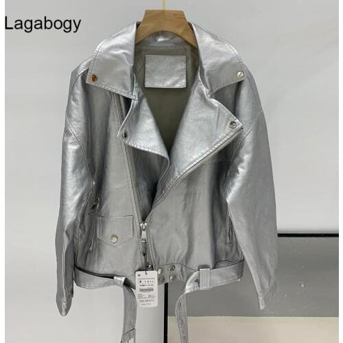 Lagabogy 2021 Spring Autumn Women PU Faux Leather Jacket Female Moto Biker Zipper Loose Silver Coat With Belt Outwear