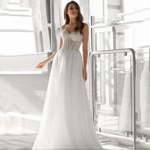 Sweetheart Wedding Dresses Glitter Tulle Shinny Strapless Bridal Dress Corset Sleeveless Elegant A-line Wedding Gowns
