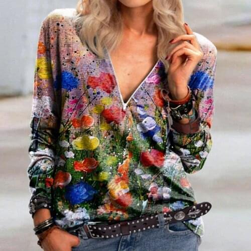 New Womens Colorful Fabric Fashionable Temperament Casual Long Sleeves Printing Positioning Zipper V-Neck Long Sleeves Tops