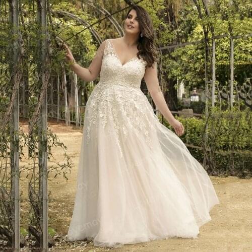 2021 Plus Size Lace Beach Wedding Dress 2021 Sexy Sleeveless V Neck Tulle Vestidos De Novia Lace Appliques A Line Bridal Gown