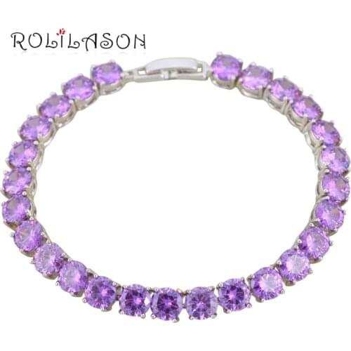 ROLILASON Popular Round Shape Purple Zircon Prong Setting Silver Crystal Charm Bracelets Health Fashion jewelry TB1126