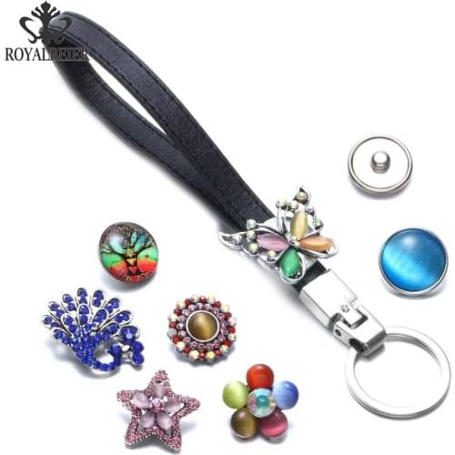 Royalbeier Classic Black Leather KeyChain Fashion Rhinestone Pendant Jewelry Men Keyring New Year Gift Snaps Key Rings