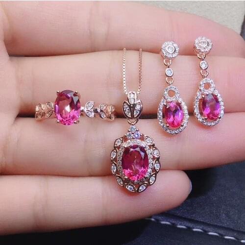 Elegant Wheat spike Natural pink topaz gem jewelry sets natural gemstone ring Pendant Earrings 925 silver women party jewelry