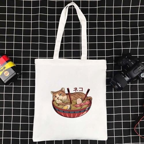 Harajuku Shopper Bag Reusable Canvas Bag Supermarket Shoulder Bag Folding Ecobag Japanese Cat School Travel Ladies Shipping Bag