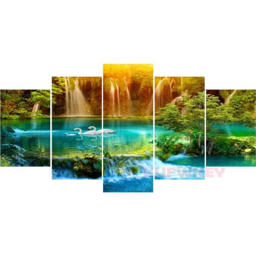 Waterfall swan lake diamond art full drill 5d diamond painting full square round mosaic diamond embroidery 5 pcs landscape