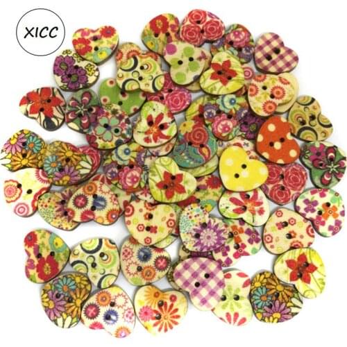 XICC 100Pcs 2 Holes Wood Buttons Craft Handmake Scrapbooking Sewing Clothing Accessories Love Heart Shirts Jeans Hats DIY Button