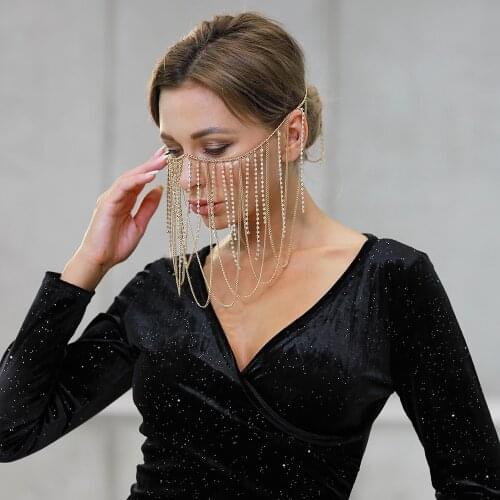 Masquerade Tassel Rhinestone Chain Masks Women Handmade Chain Decoration Facemask Cosplay Face Chain Festival Party Jewelry