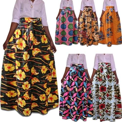 Womens Maxi Long African Ankara Print Skirt Elastic Waist Skirt With Belt
