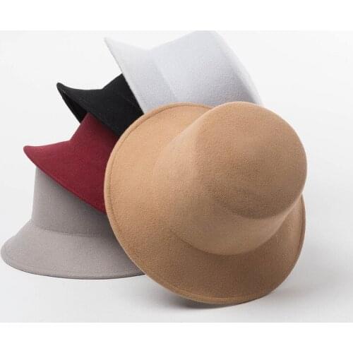 2021 Winter Fedora Hats For Women Fashion Flat Wide Brim Wool Felt Flat Top Hats Simple Solid Color Wedding Hat Wholesale