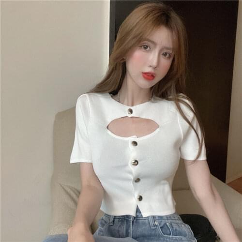 Woman Tshirts Hollow out Single-Breasted Short Sleeve 2021 Short Summer Knitted Shirt Female Crop Top Mujer Camisetas
